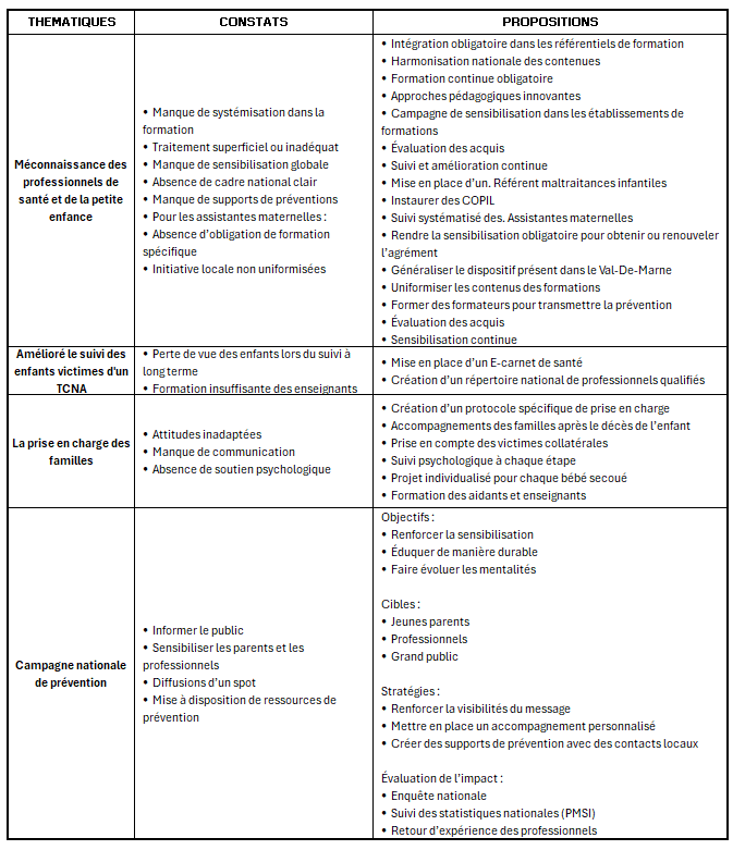 conclusion de la proposition de prévention de l'association France Bébé Secoué pour prévenir le syndrome du bébé secoué